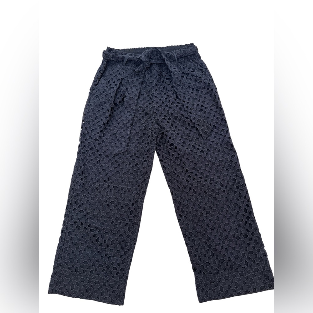 J.Crew Eyelet Paperbag Waist Cropped Culotte Pants Navy Blue Wide Leg Size 2